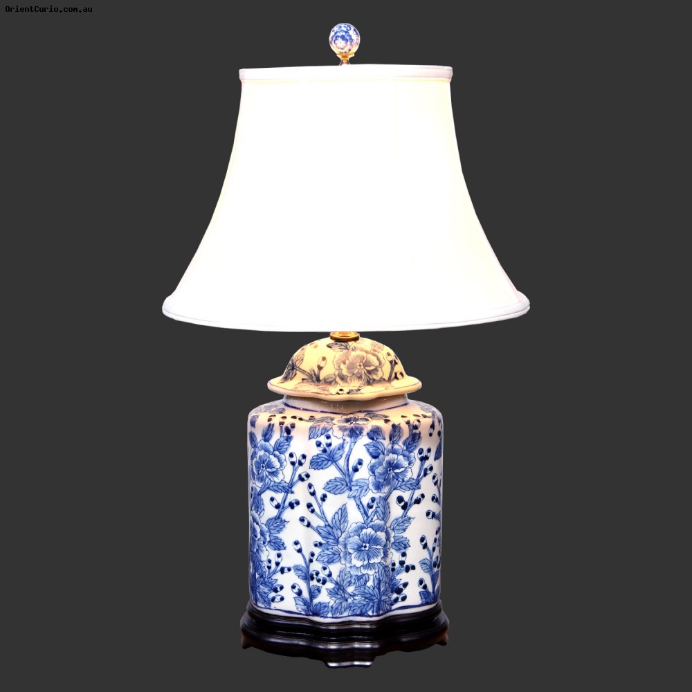 Blue and White Ceramic Table Lamp with Peony Flower Pattern Orient Curio Asian Furniture