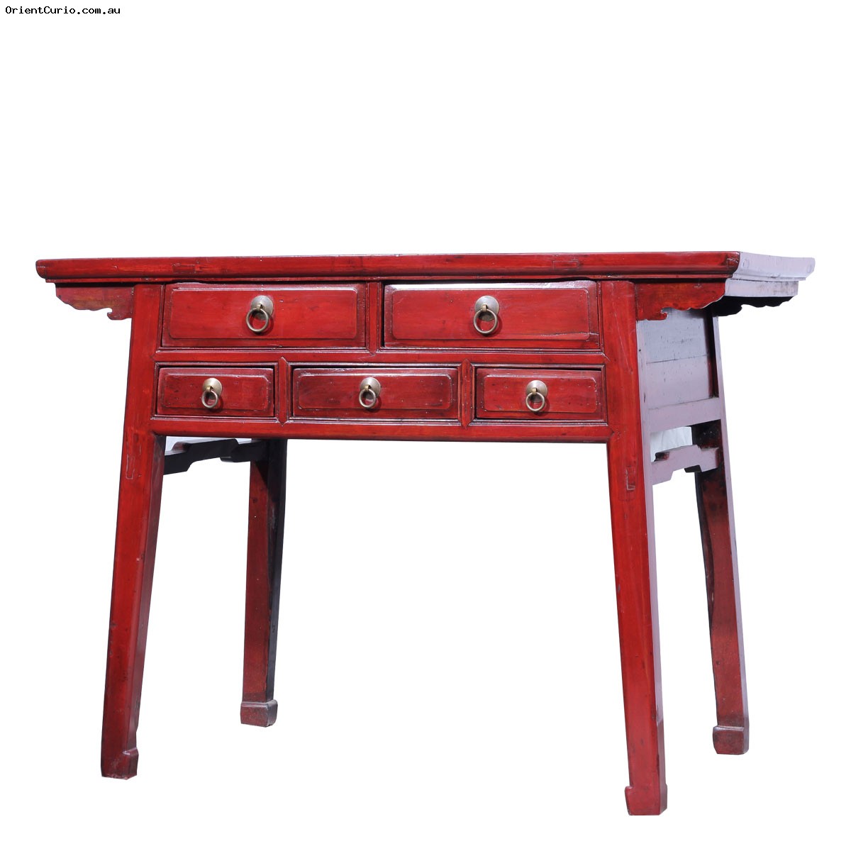 Vintage Chinese Red Lacquer Console Table With Five Drawers