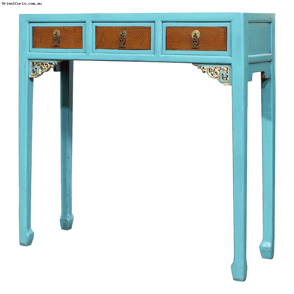 Chinese Style Aqua Blue Lacquer Rattan Inlay Drawers Console Table