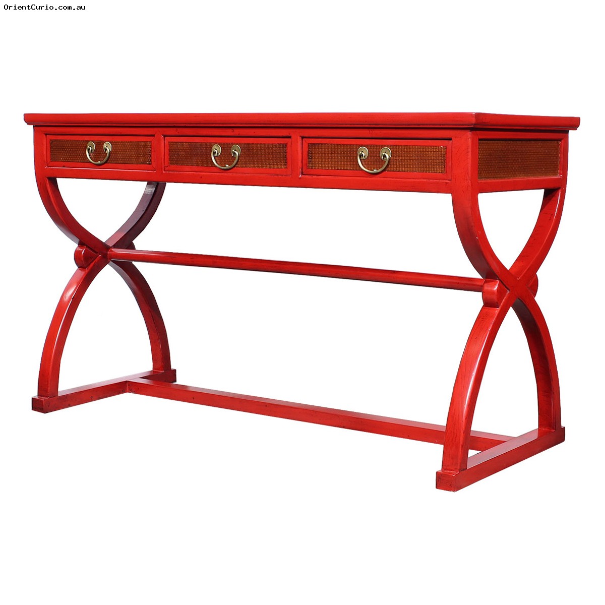 Chinese Red Lacquer Cross Lags Sytle Study Desk With Rattan Inlay